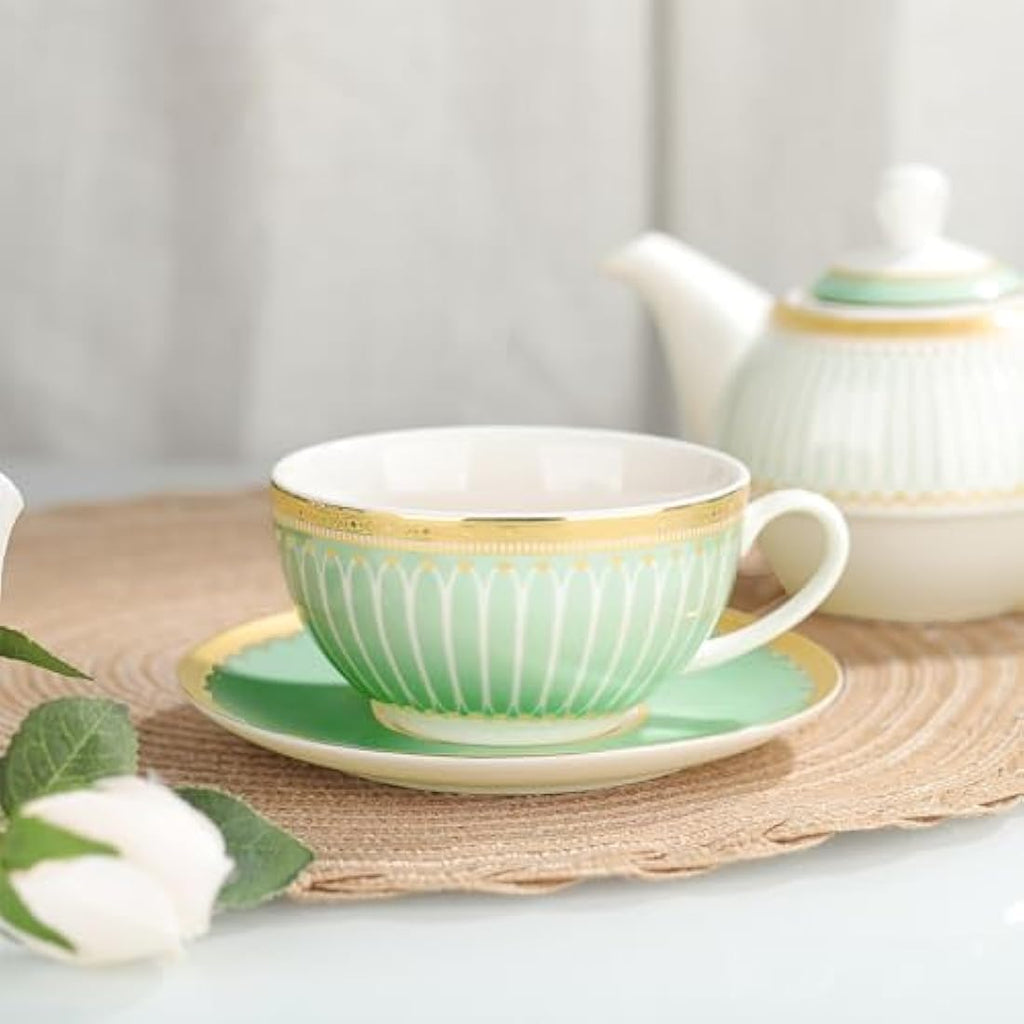 fanquare Porcelain Tea for One Set | Green Striped Teapot and Cup