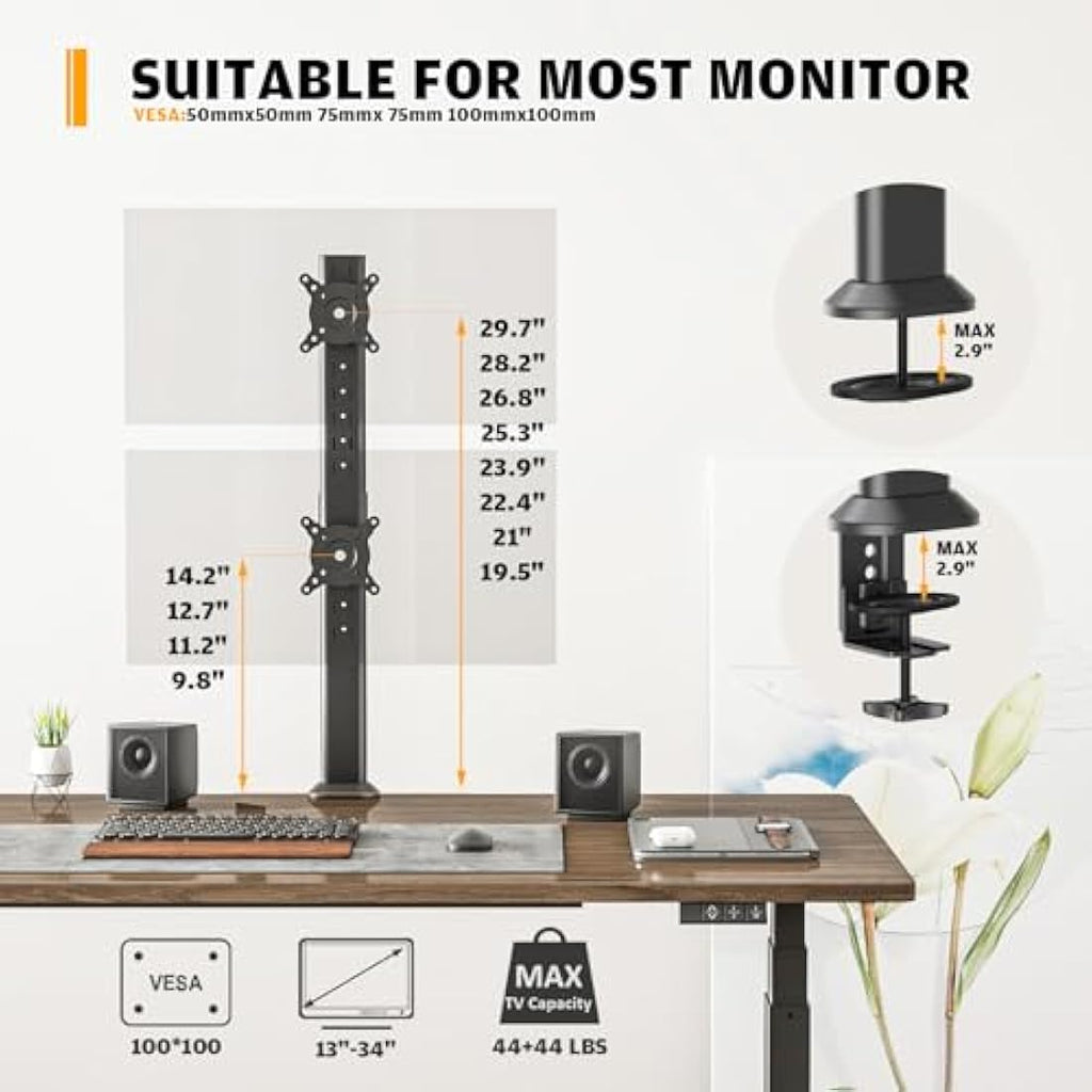 HEMUDU Dual Monitor Stand – Vertical Stack Desk Mount for 13-34 Inch Screens