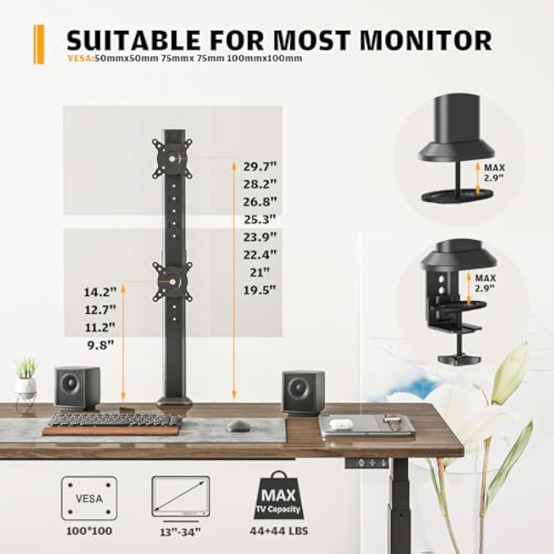 HEMUDU Dual Monitor Stand – Vertical Stack Desk Mount for 13-34 Inch Screens