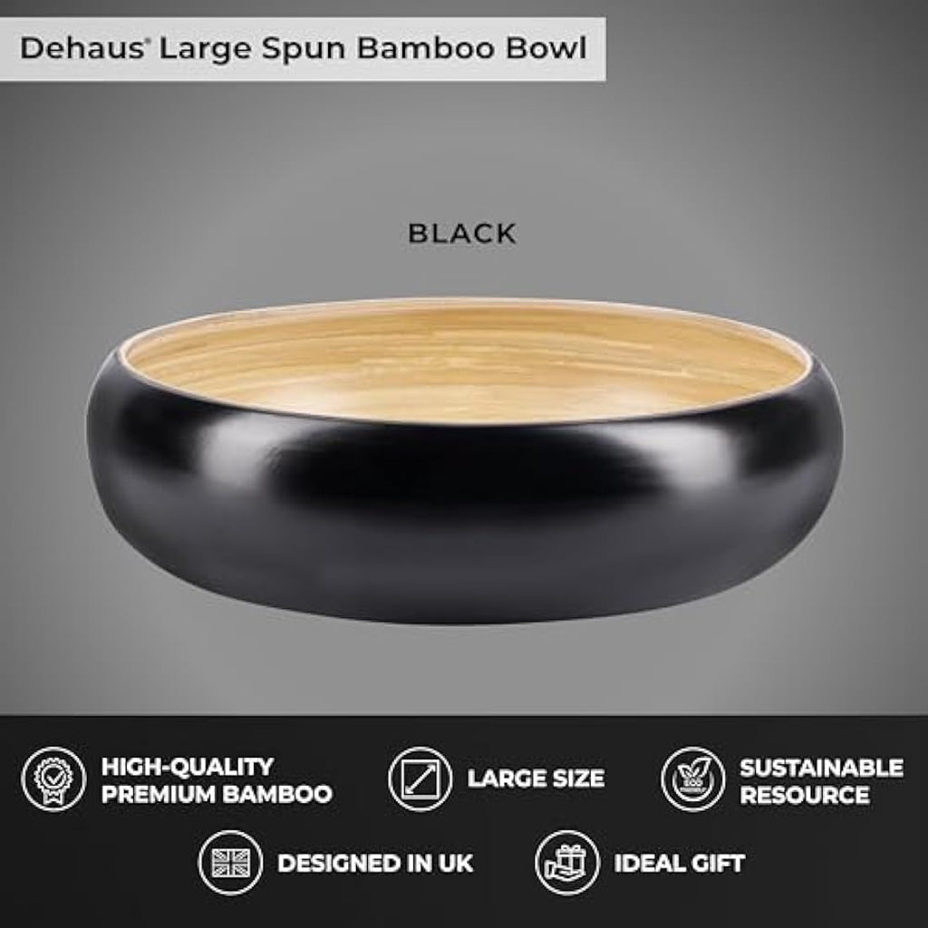 Dehaus Large 30cm Bamboo Fruit Bowl | Black Wooden Salad Serving Bowl