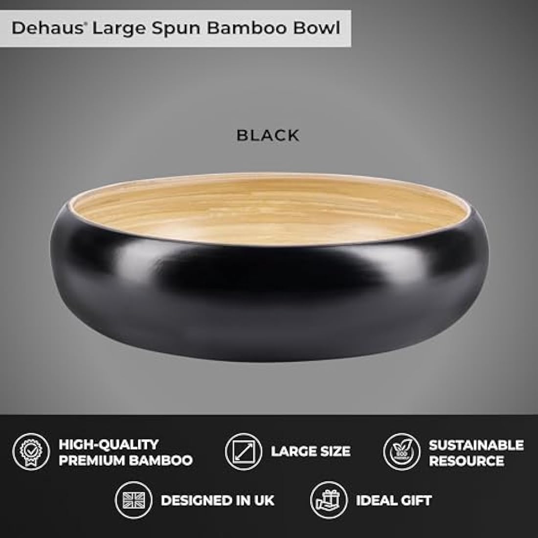 Dehaus Large 30cm Bamboo Fruit Bowl | Black Wooden Salad Serving Bowl