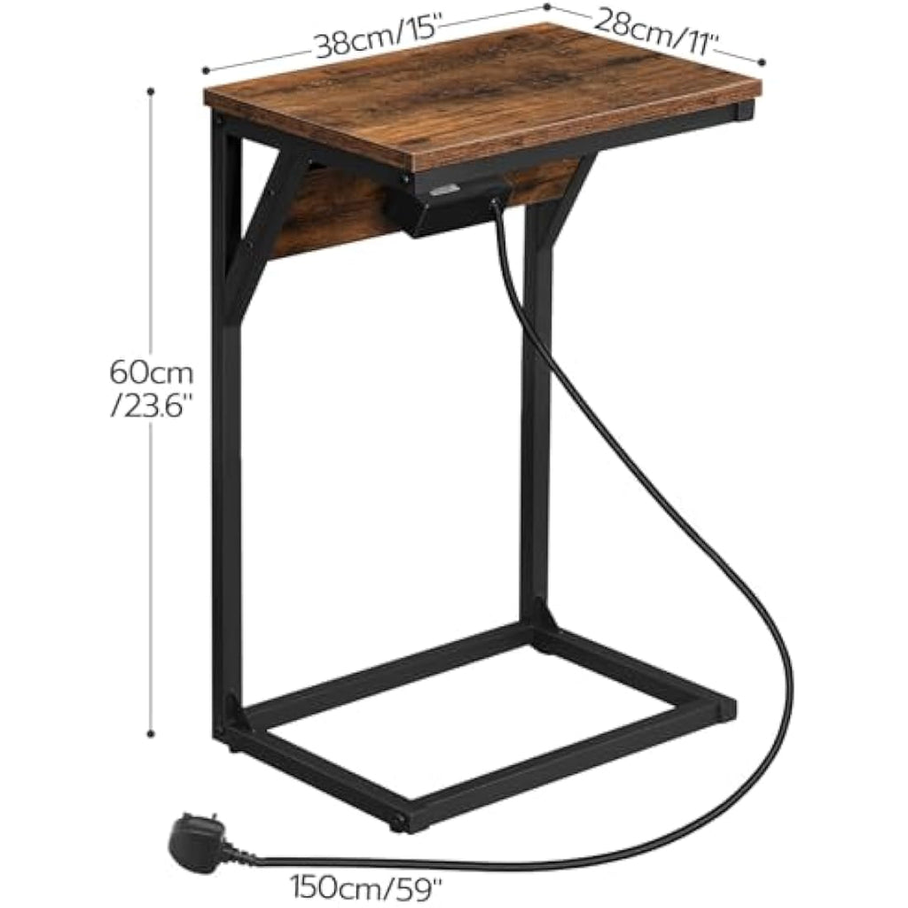 HOOBRO C Shaped Side Table with Charging Station | Rustic Brown & Black