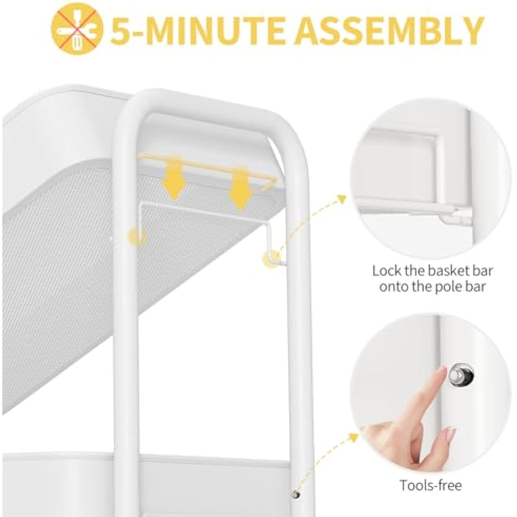 Urackify 3-Tier Rolling Utility Cart with Pegboard and Hooks - White