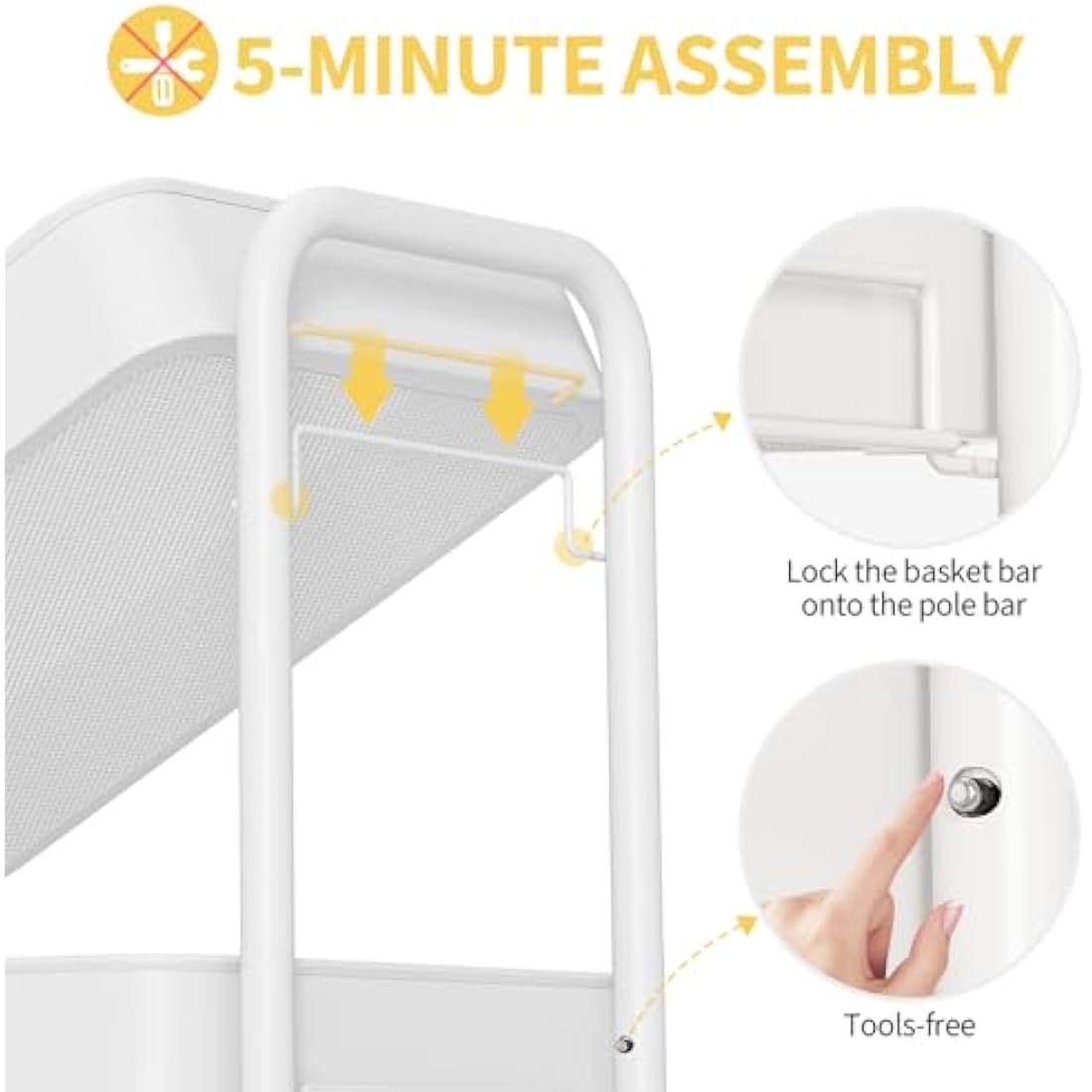 Urackify 3-Tier Rolling Utility Cart with Pegboard and Hooks - White