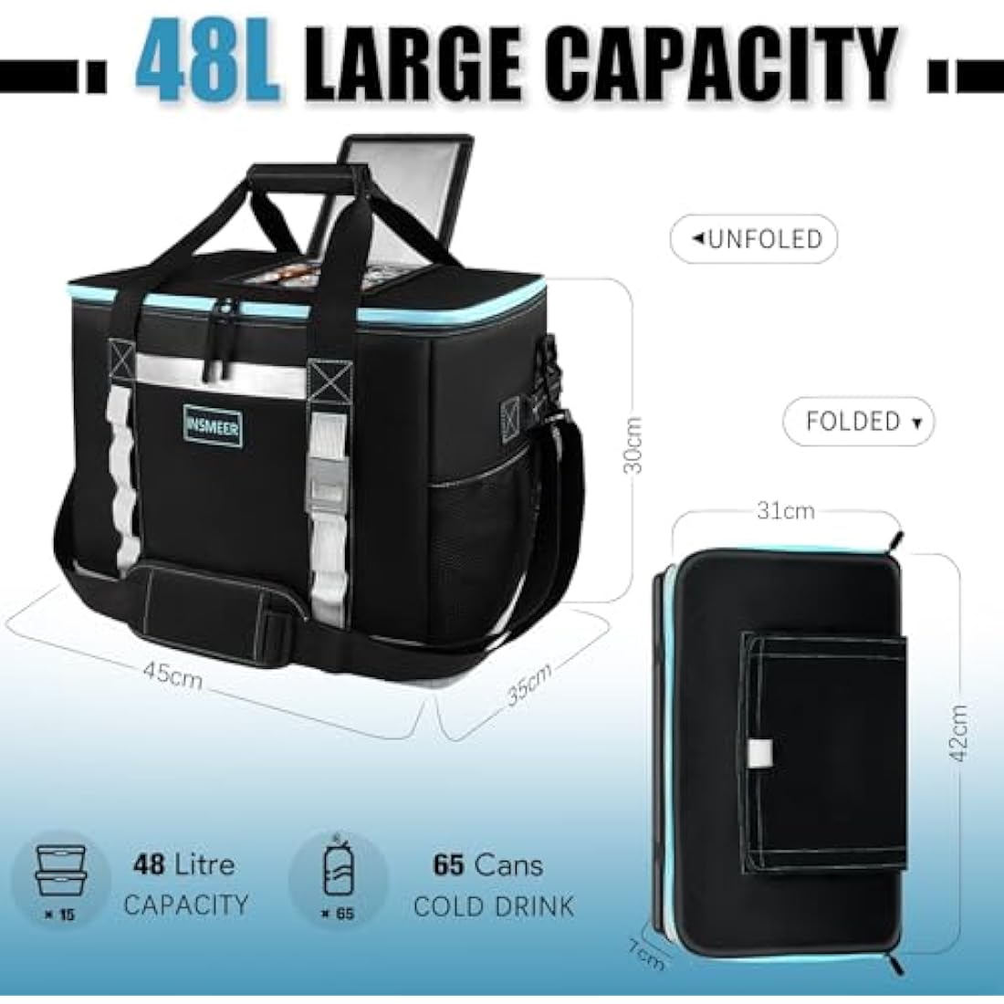 INSMEER 48L Large Insulated Cooler Bag | 65 Cans Waterproof Picnic Bag