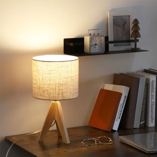 EDISHINE Wood Tripod Table Lamps Set of 2 | Beige Linen Bedside Lamps