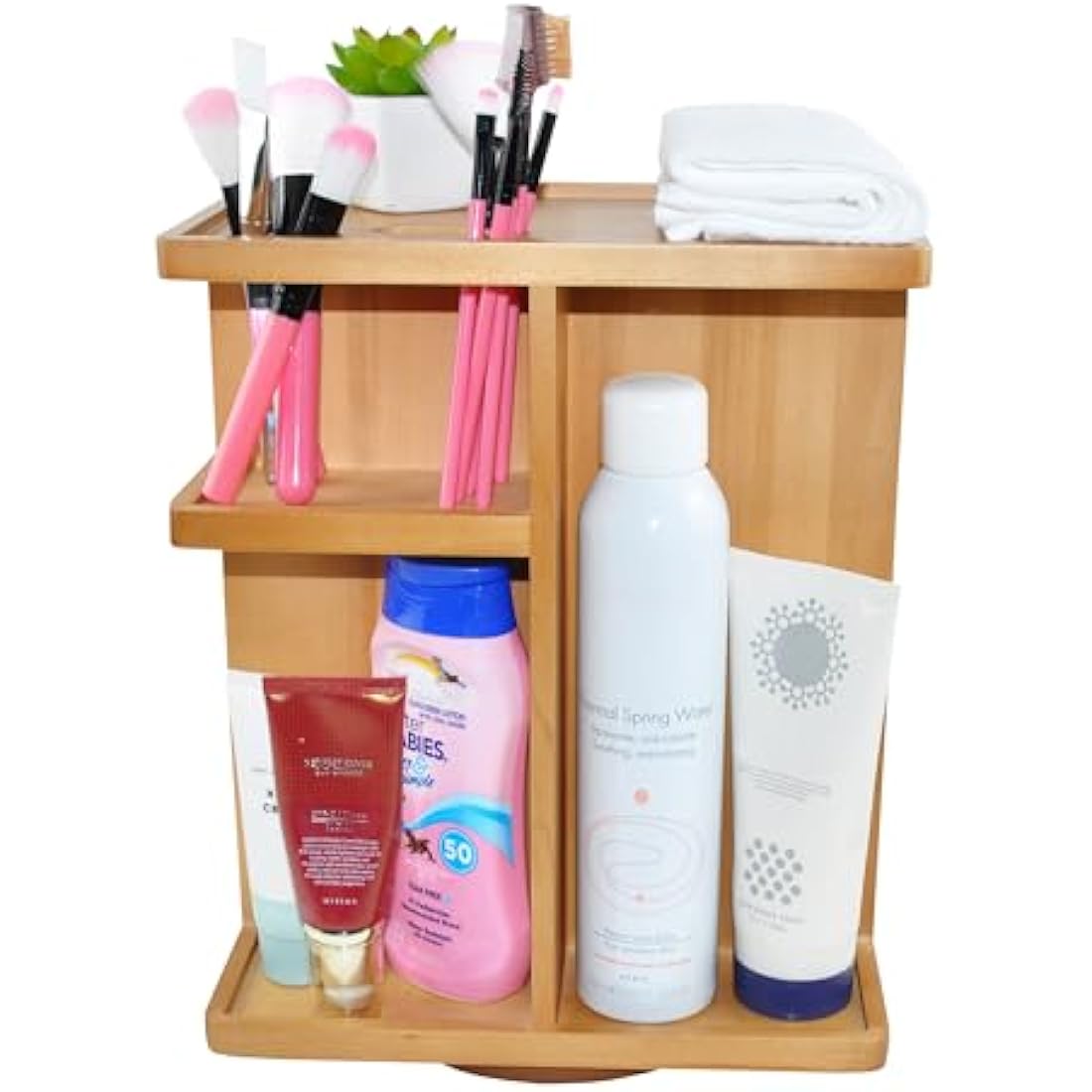 Spiretro 360 Rotating Makeup Organizer – Acacia Wood Cosmetic Carousel