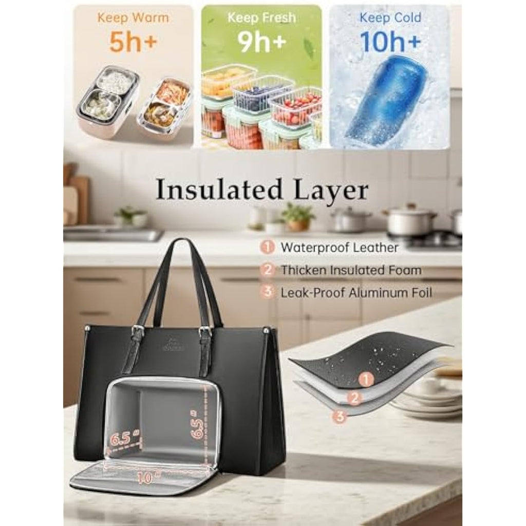MATEIN 15.6 Inch Laptop Tote Bag with Insulated Lunch Compartment | Black