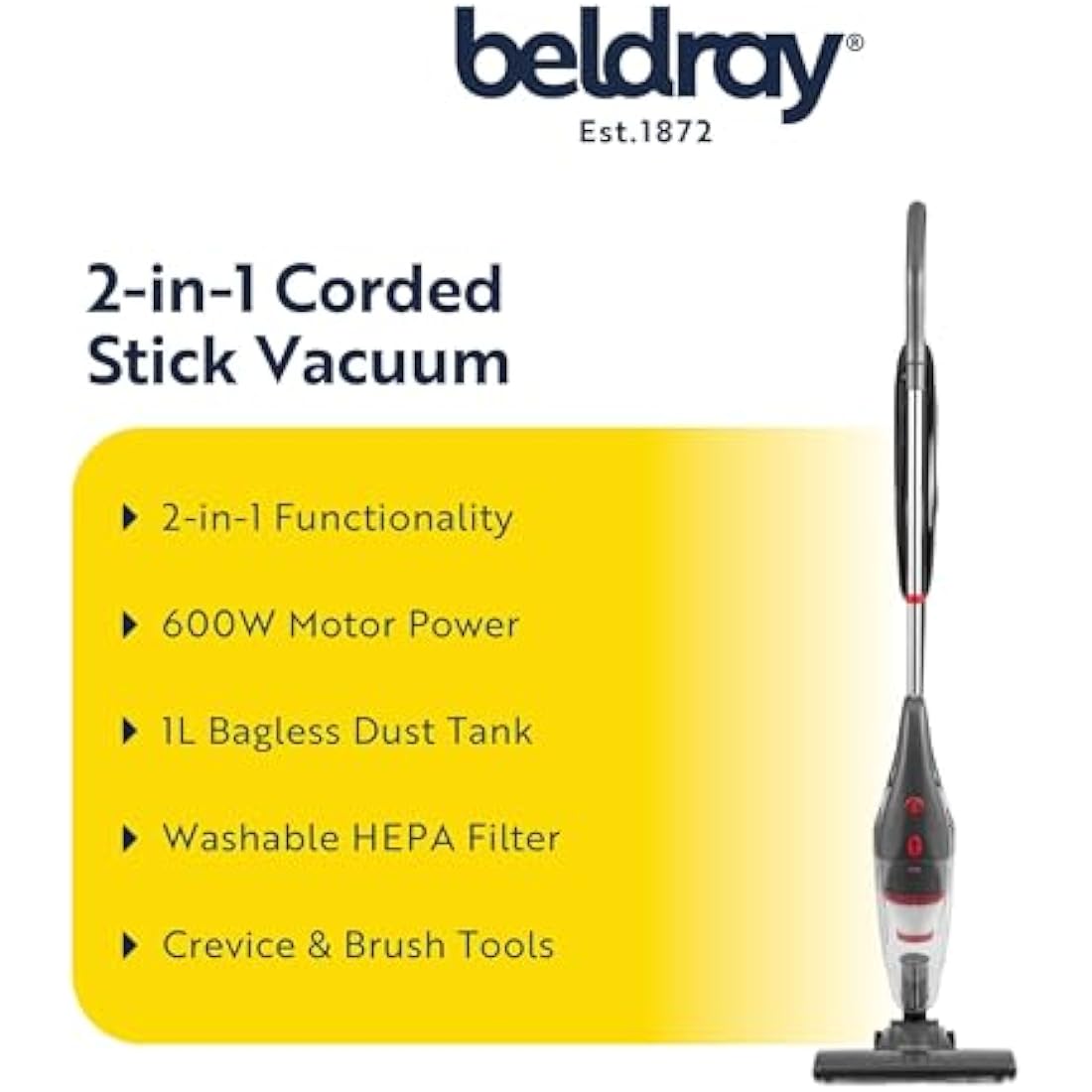 Beldray 2-in-1 Corded Stick Vacuum Cleaner – 600W Handheld with HEPA Filter