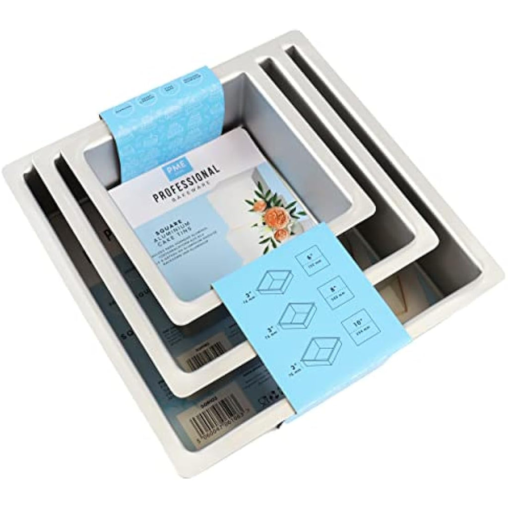 PME Square Cake Pans Set of 3 – Anodised Aluminium Baking Tins, Silver