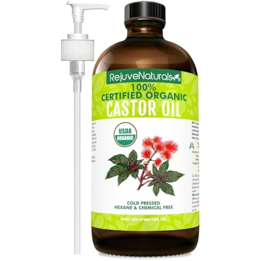 RejuveNaturals Organic Castor Oil – 16oz Glass Bottle Cold Pressed Hexane Free