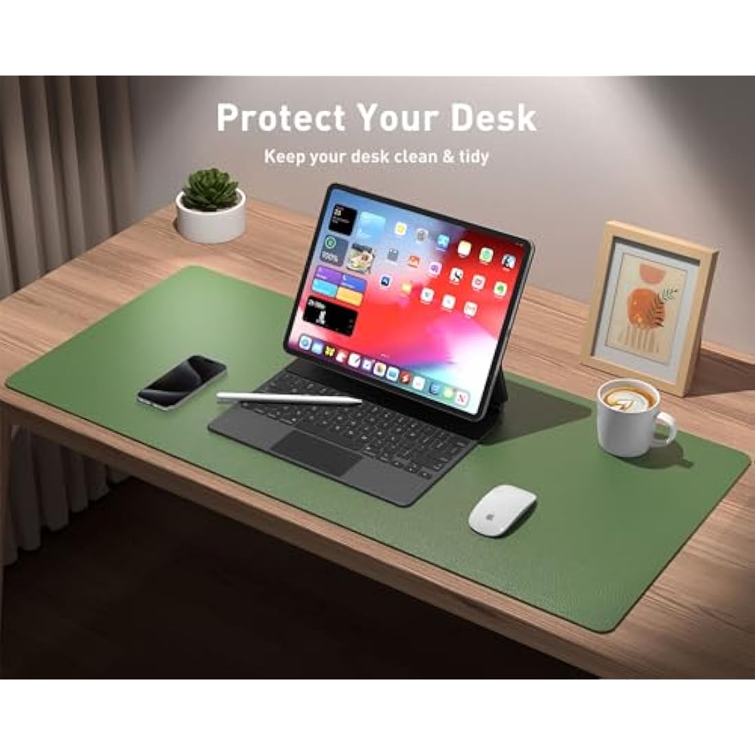 Aothia Large Leather Desk Mat – Non-Slip Waterproof Pad, Olive Green