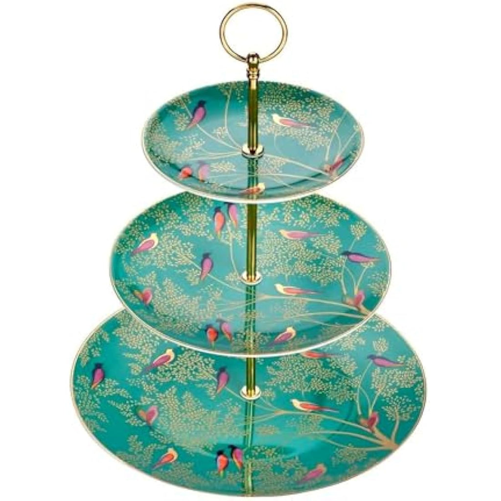 Sara Miller Chelsea 3-Tier Cake Stand - Green Fine China with Gold Detail