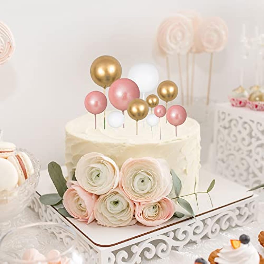Gyufise 30Pcs Foam Ball Cake Toppers | Rose Gold & White Party Decorations