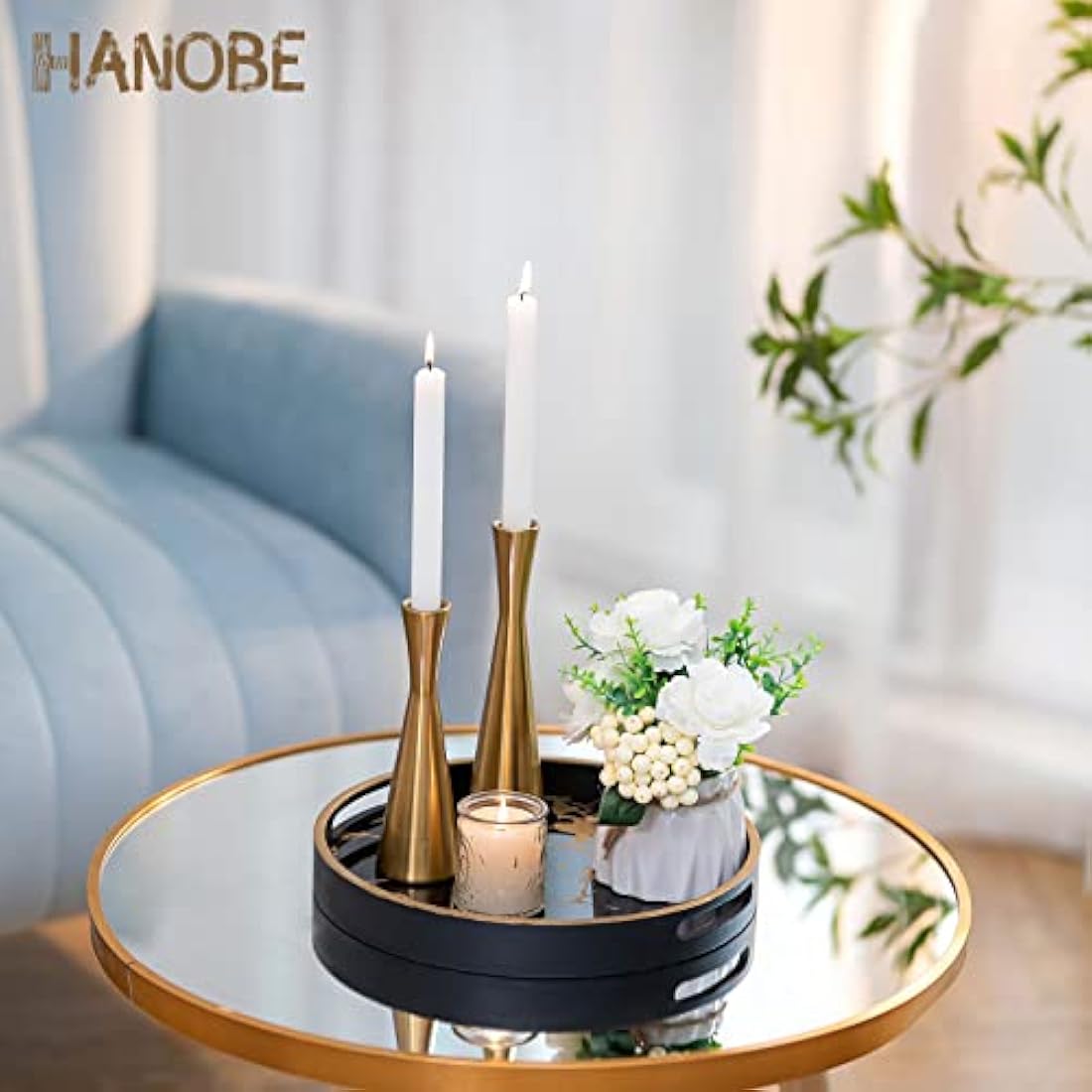 Hanobe Round Marble Pattern Wood Coffee Tray with Handles – Black, 12"