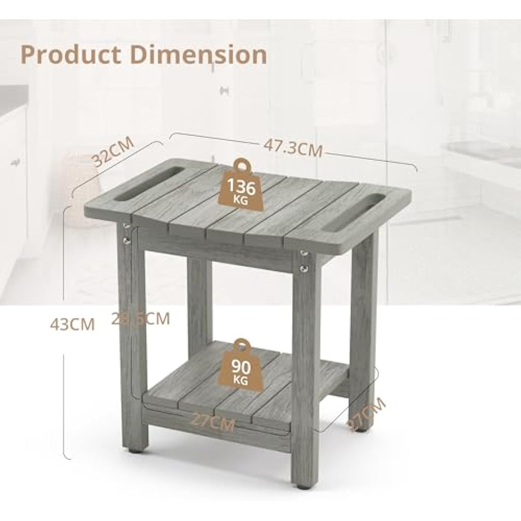 LUE BONA HDPS Shower Bench – Waterproof Bath Stool with Shelf, Grey