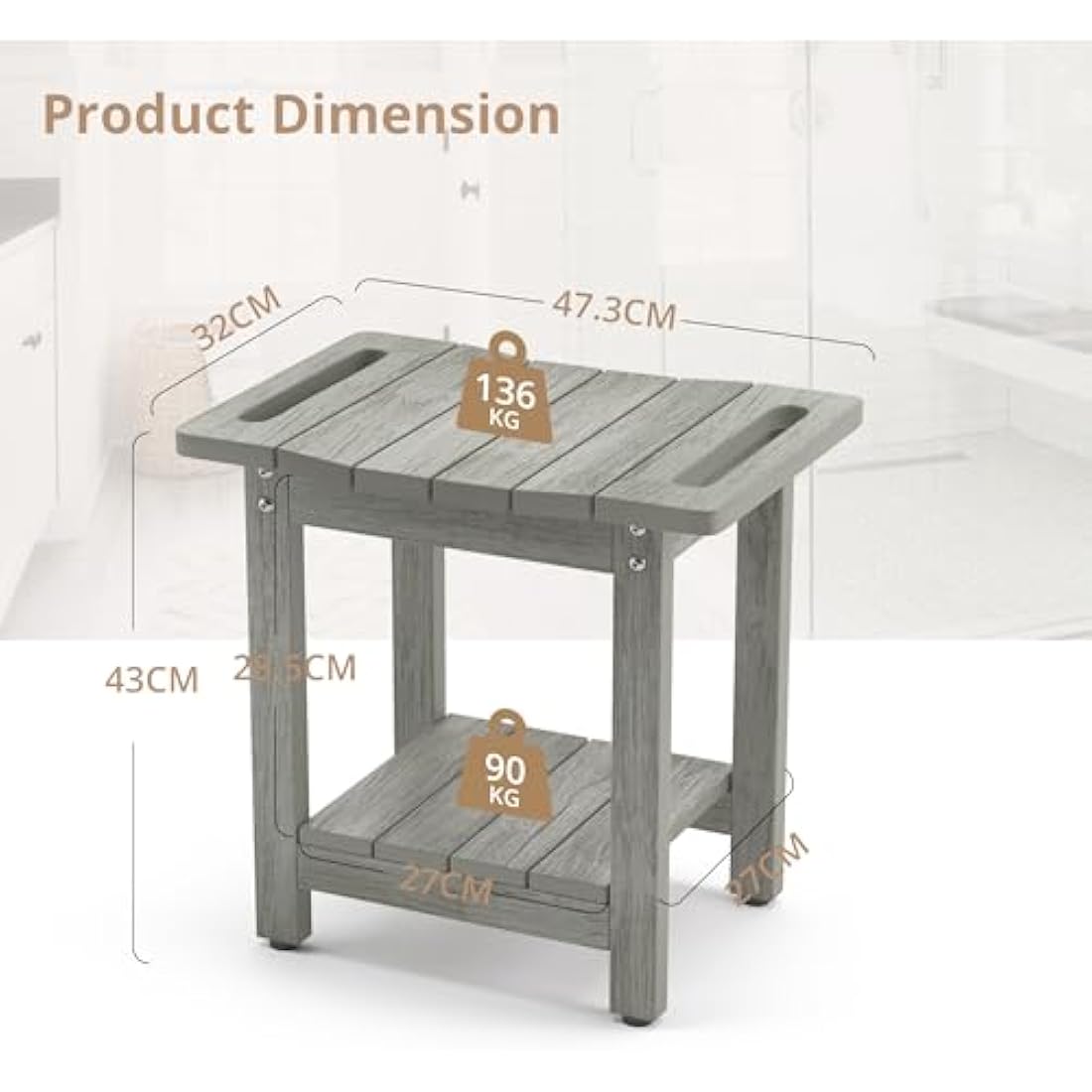 LUE BONA HDPS Shower Bench – Waterproof Bath Stool with Shelf, Grey