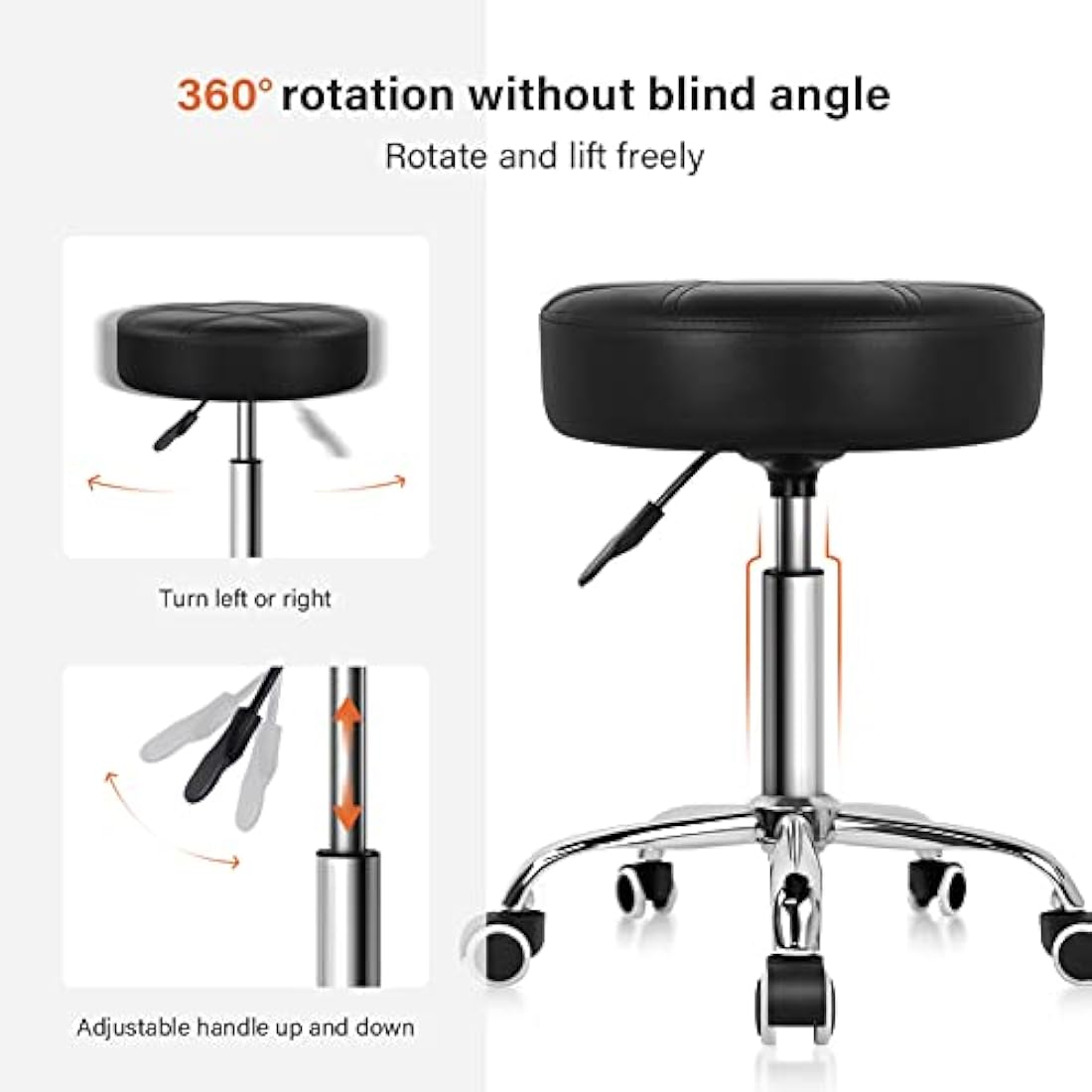 KKTONER Round Rolling Stool – Adjustable PU Leather Swivel Salon Chair