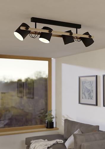 Eglo Hornwood 4-Light Ceiling Light | Black Metal & Natural Wood