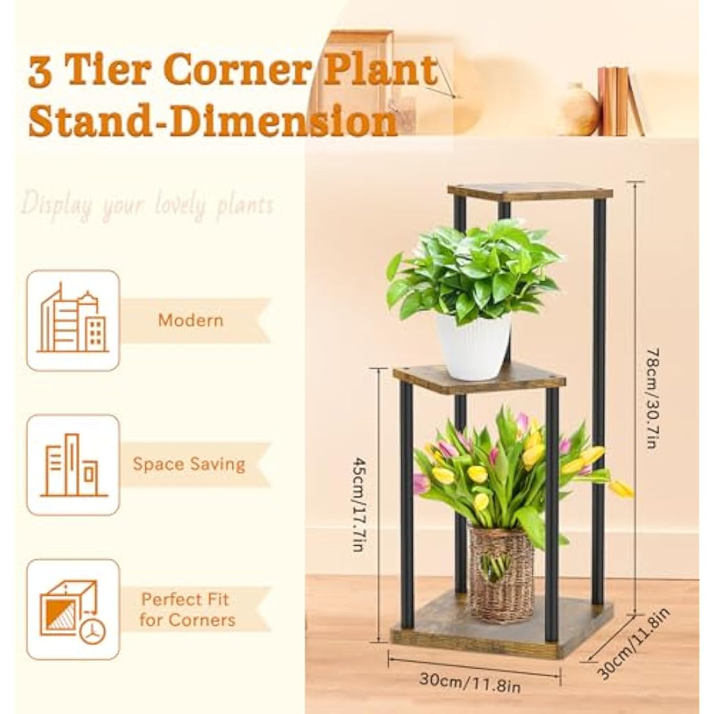 Jolof Store 3-Tier Metal and Wood Corner Plant Stand - Black Flower Rack