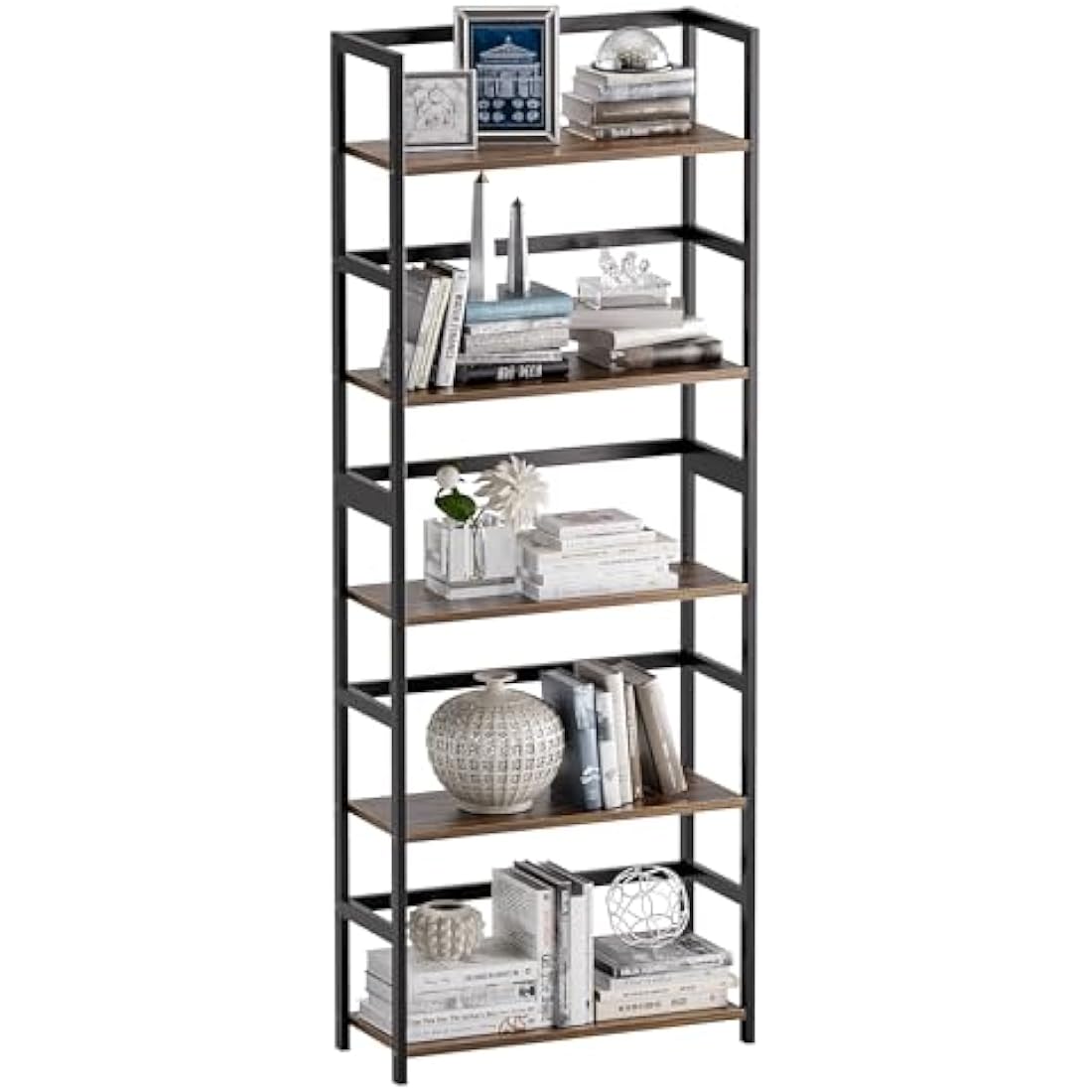 Vovala 5-Tier Industrial Bookshelf – Bamboo & Wood Standing Display Shelf