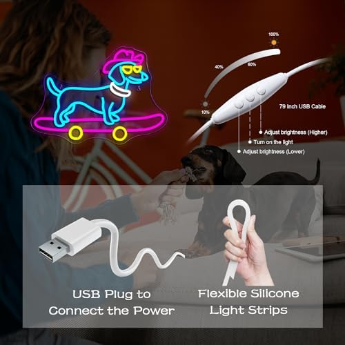 Looklight Dachshund Skateboard Neon Sign – Dimmable LED Dog Wall Decor