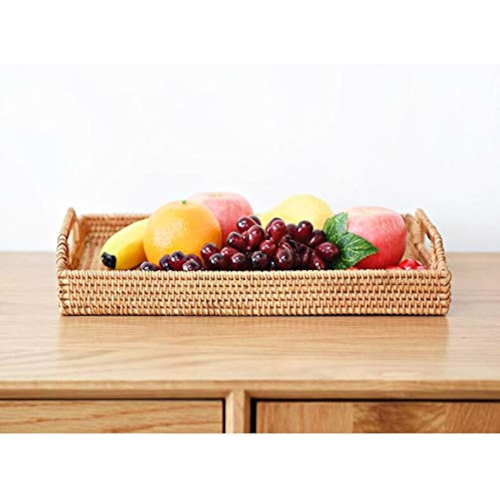 DOKOT Hand-Woven Rattan Serving Tray with Handles - Large 17-Inch