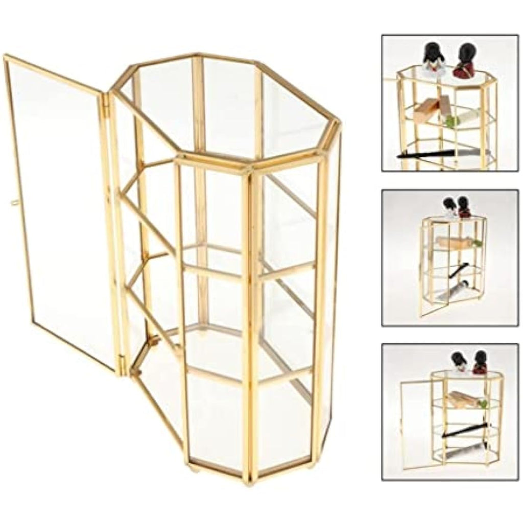 3-Tier Glass and Brass Jewelry Box - Octagon Display Case