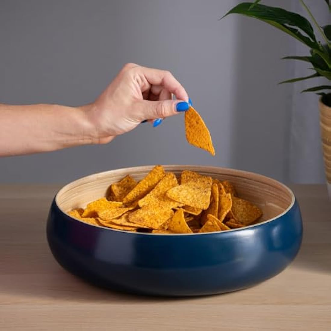 Dehaus Large Bamboo Fruit Bowl – 30cm Navy Blue Wooden Serving Bowl