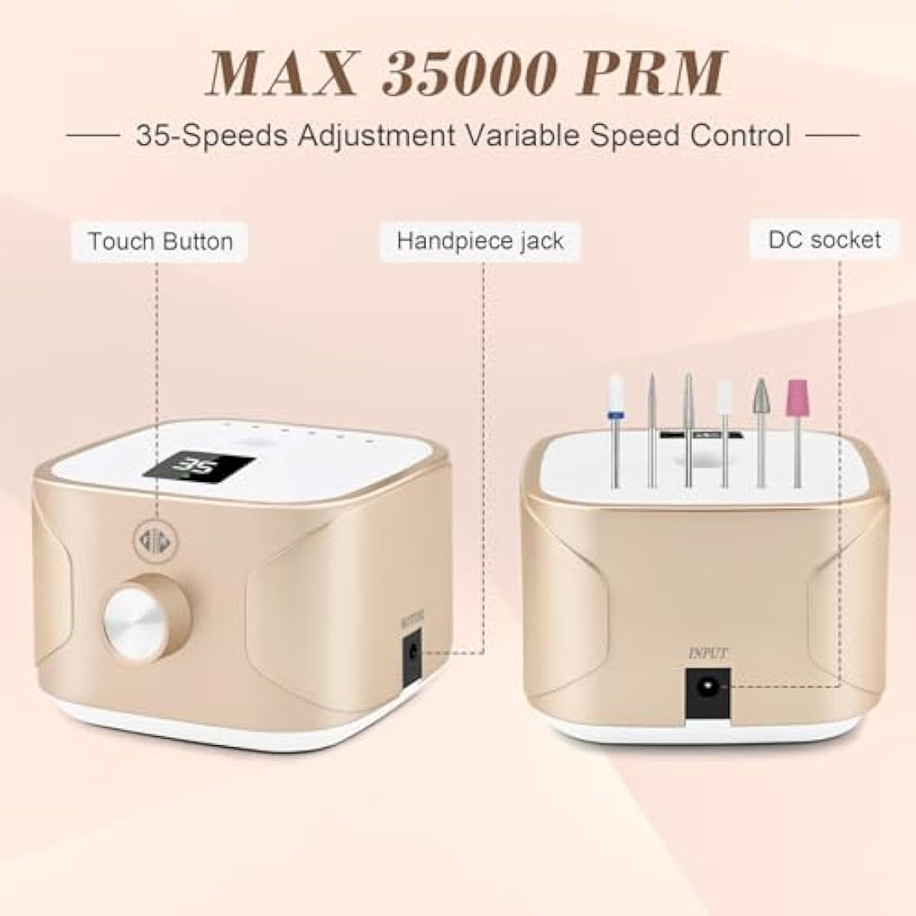 Kredioo Professional Electric Nail Drill - 35,000RPM Manicure Kit (Gold)