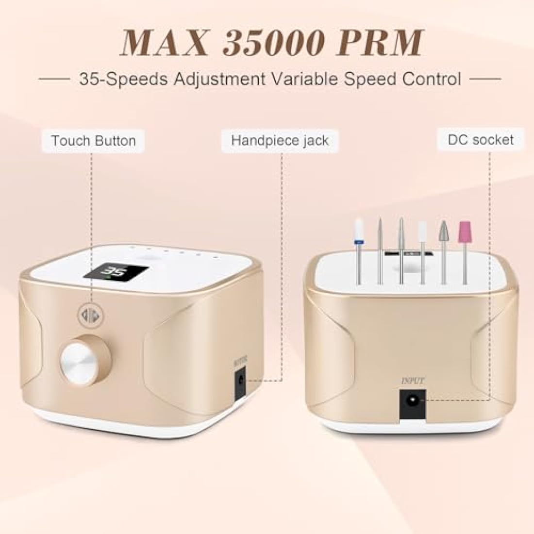 Kredioo Professional Electric Nail Drill - 35,000RPM Manicure Kit (Gold)