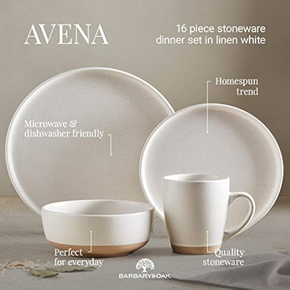 Barbary & Oak Avena 16 Piece Stoneware Dinnerware Set | Linen White