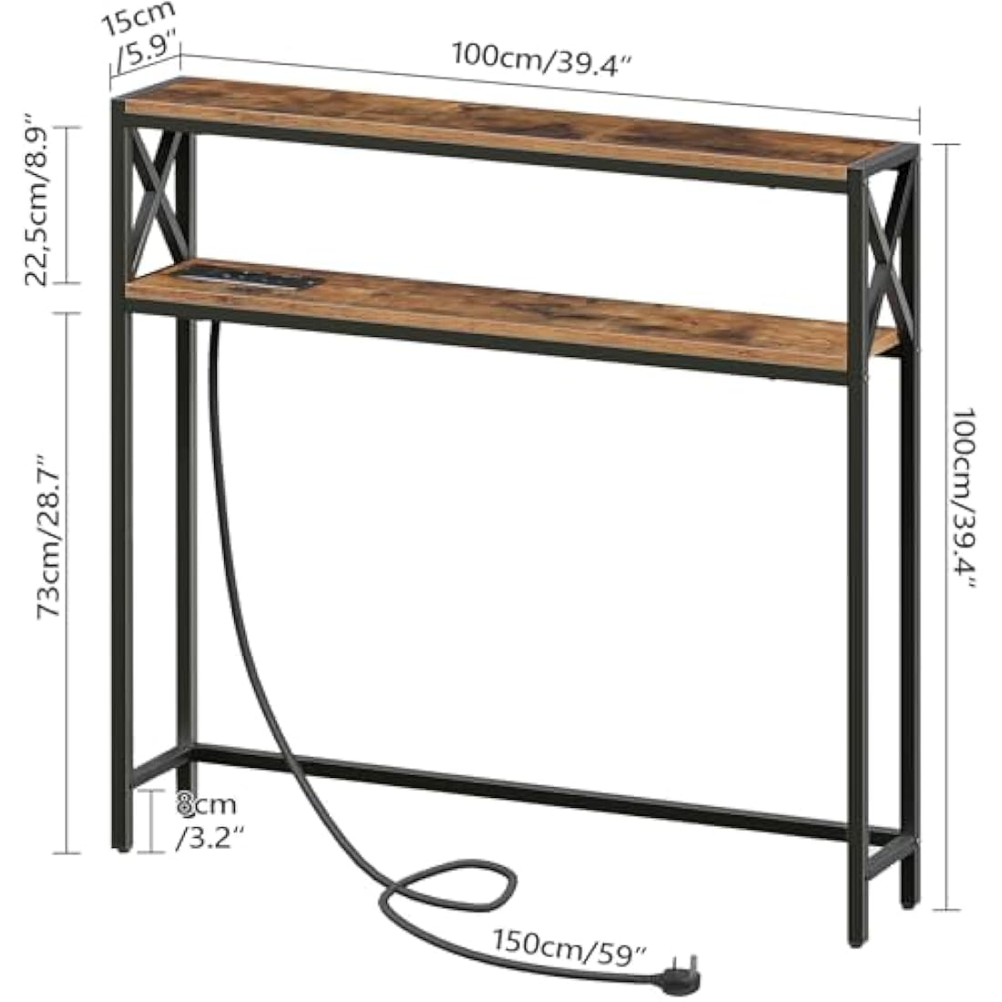 MAHANCRIS Narrow Console Table with Charging Station | Rustic Brown