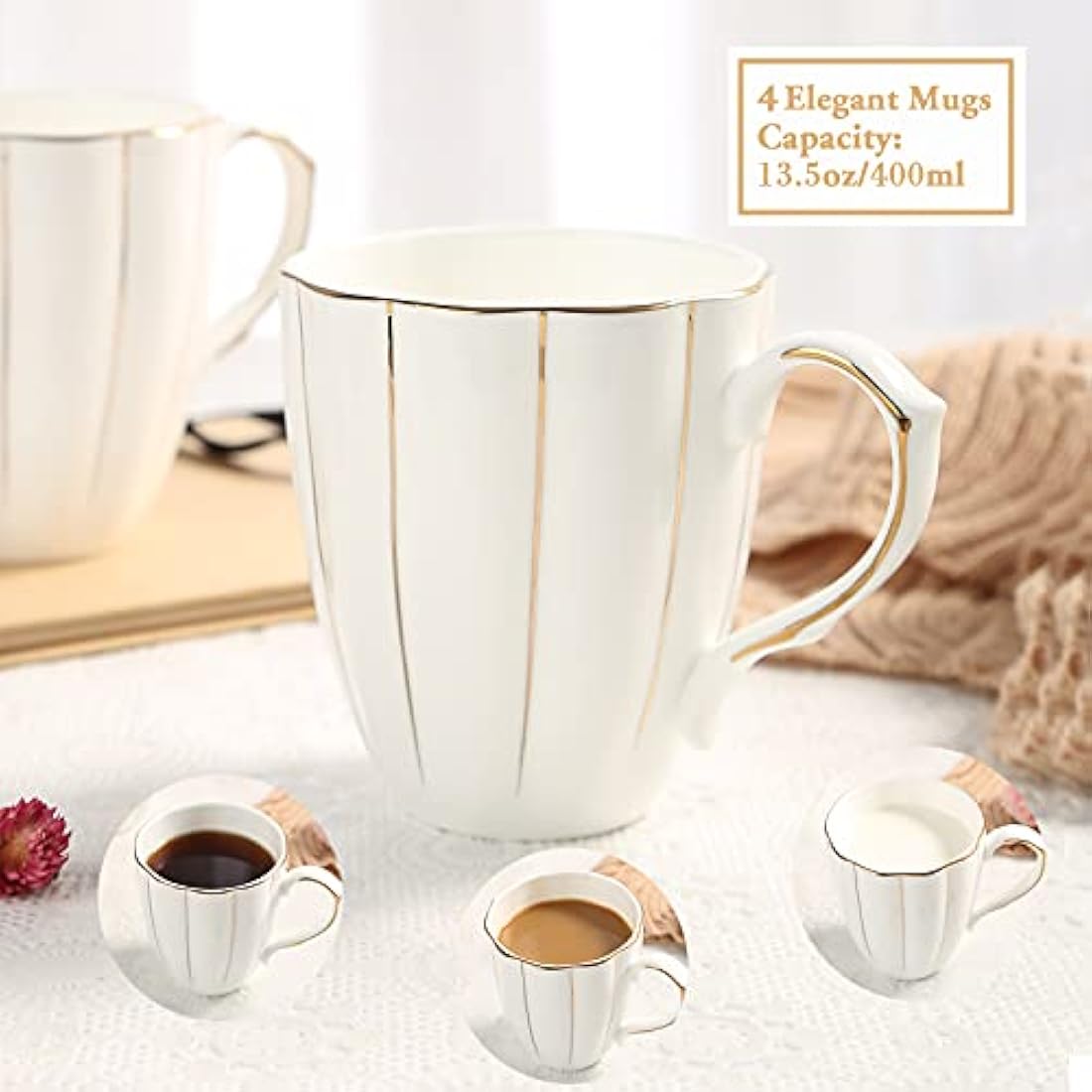 DUJUST Bone China Coffee Mug Set of 4 | Luxury Gold Trim Pumpkin Cups