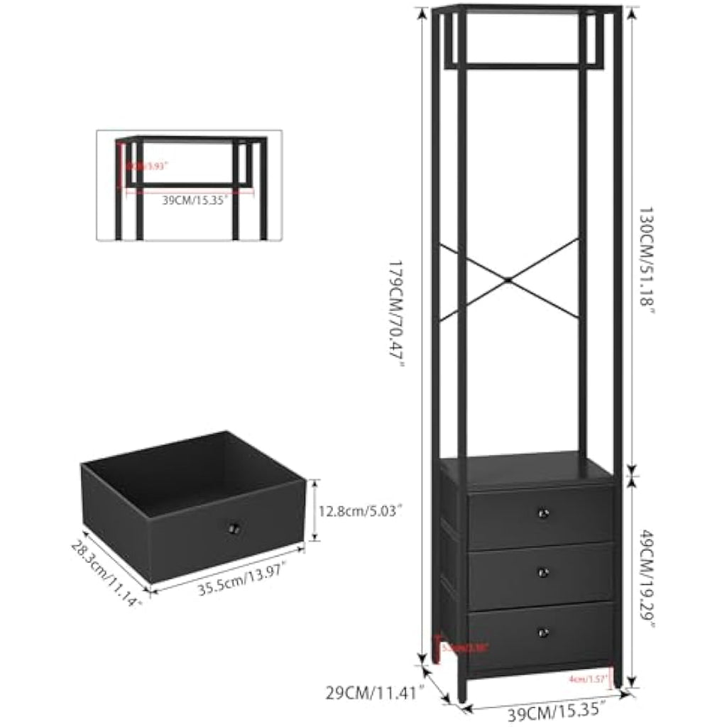 YMYNY Freestanding Coat Rack with 3 Non-Woven Drawers | Tall Closet Organizer