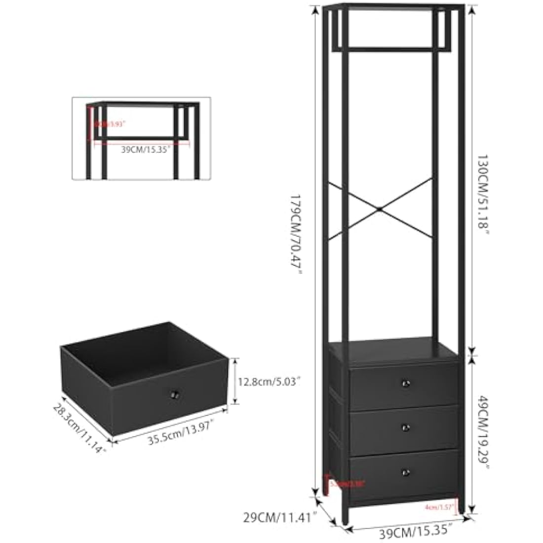 YMYNY Freestanding Coat Rack with 3 Non-Woven Drawers | Tall Closet Organizer