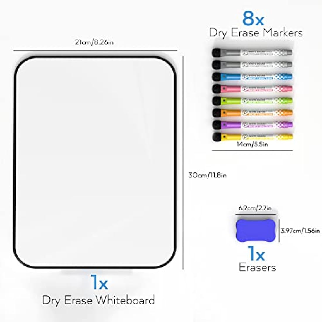 Nicpro Magnetic Dry Erase Whiteboard A4 | Double Sided Board with 8 Pens