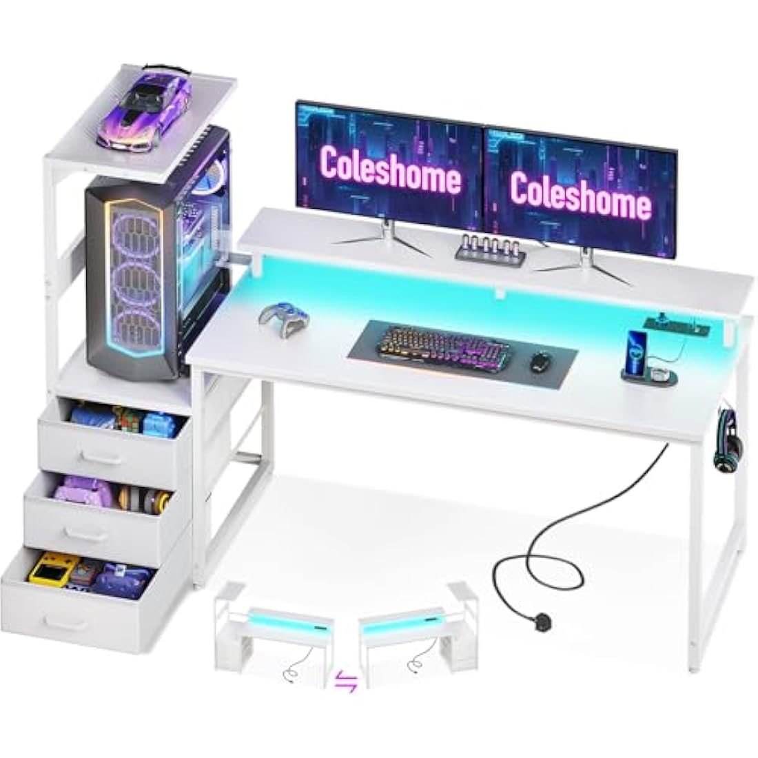 Coleshome Gaming Desk with LED Lights, Power Outlet & Drawers - White