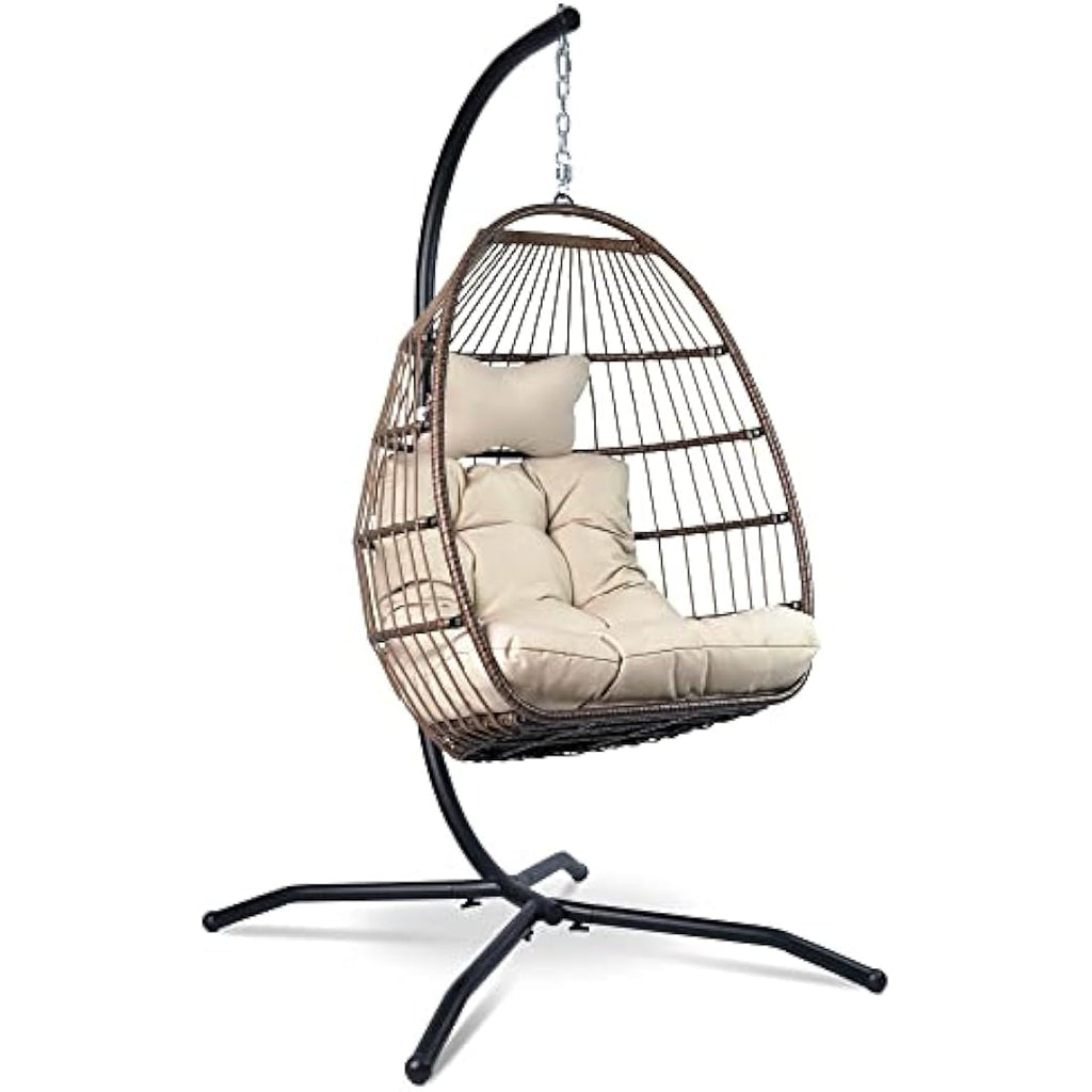Vita5 Foldable Hanging Egg Chair with Frame | Polyrattan Swing – Beige
