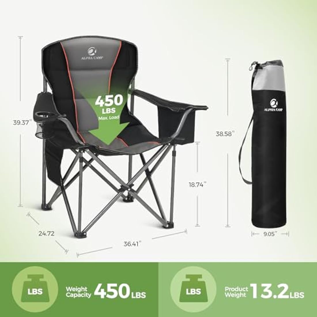 LET'S CAMP Heavy Duty Folding Camping Chair – Oversized Padded Set of 2