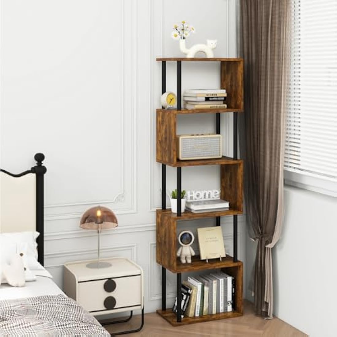 IBUYKE 6-Tier S-Shaped Geometric Bookshelf | Rustic Brown Wood Display Shelf