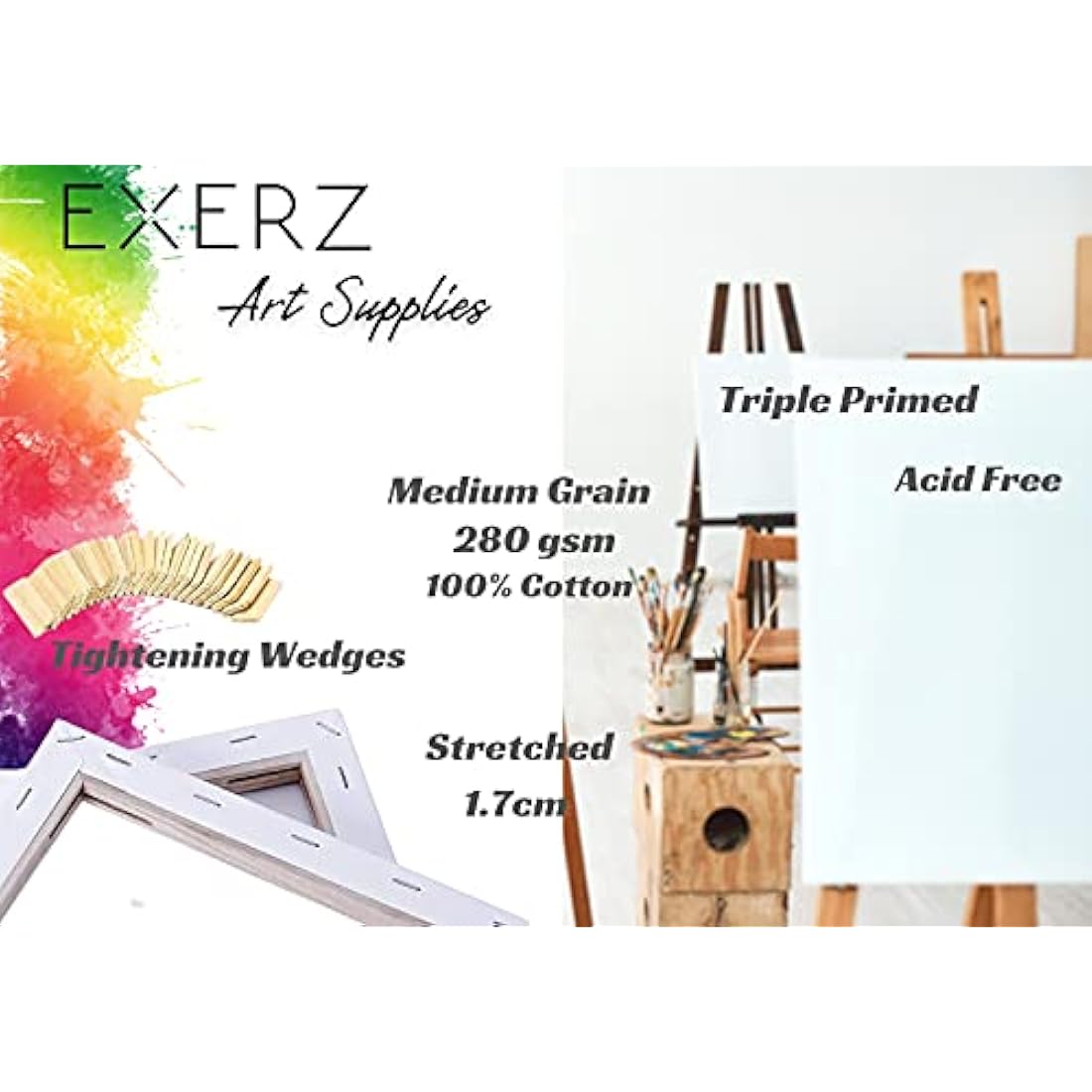 Exerz 50x60cm Pre-Stretched Cotton Canvas 4pk | Triple Primed 280GSM