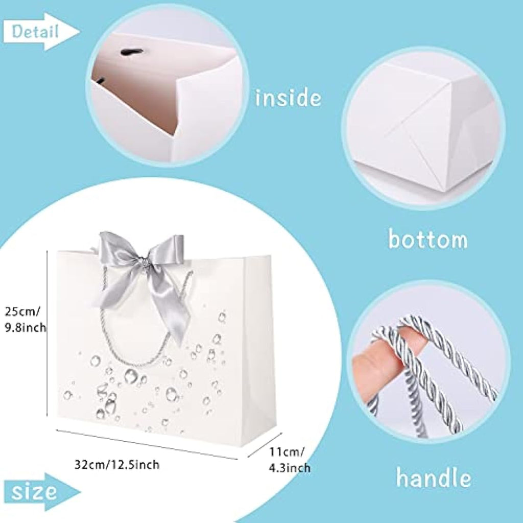 Jolof Store White Paper Gift Bags with Silver Bows - 10 Pack Large