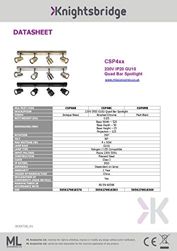 Knightsbridge GU10 Quad Adjustable Spotlight Bar | Brushed Chrome