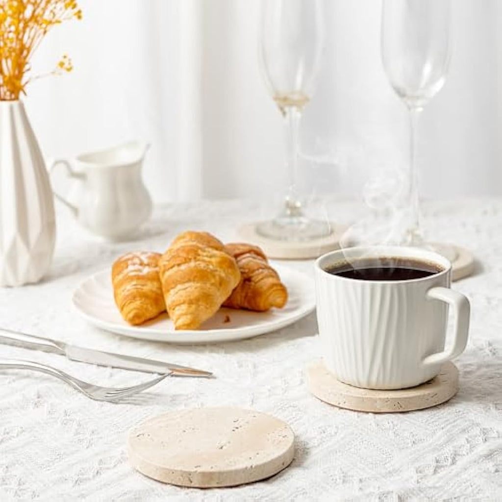 WORHE Natural Travertine Marble Coasters - Set of 4 Round Beige Stone