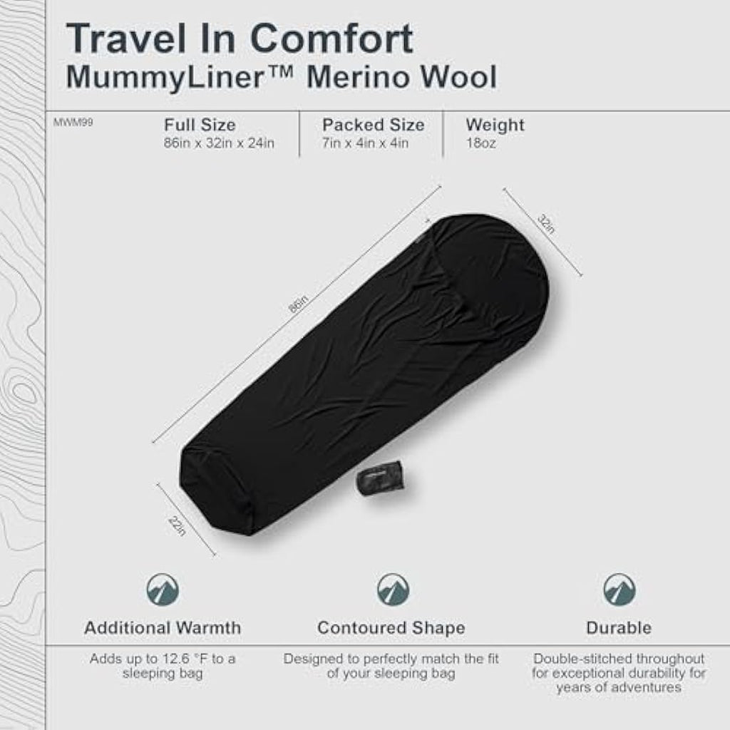 Cocoon Merino Wool Mummy Sleeping Bag Liner – Ultralight Thermal Black