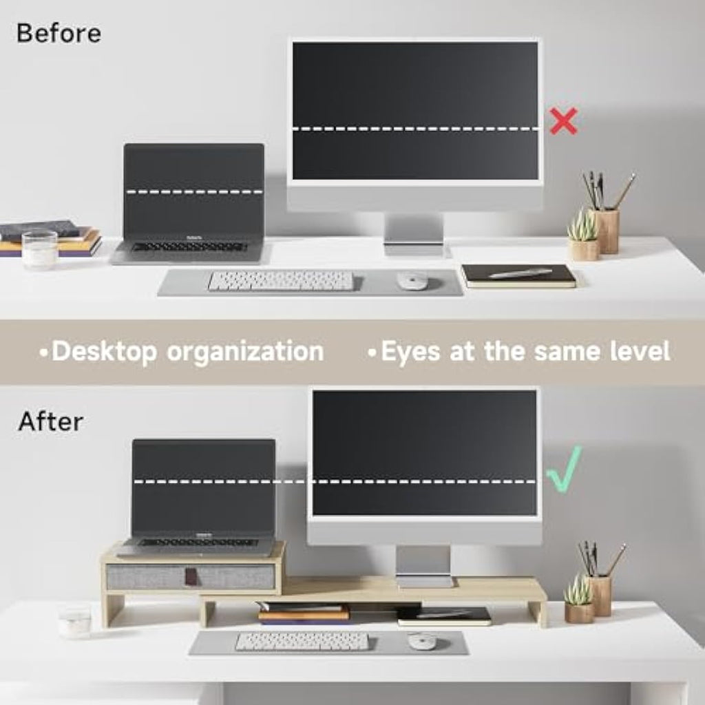 Fenge Dual Monitor Stand – Adjustable Wood Riser with Storage Drawer