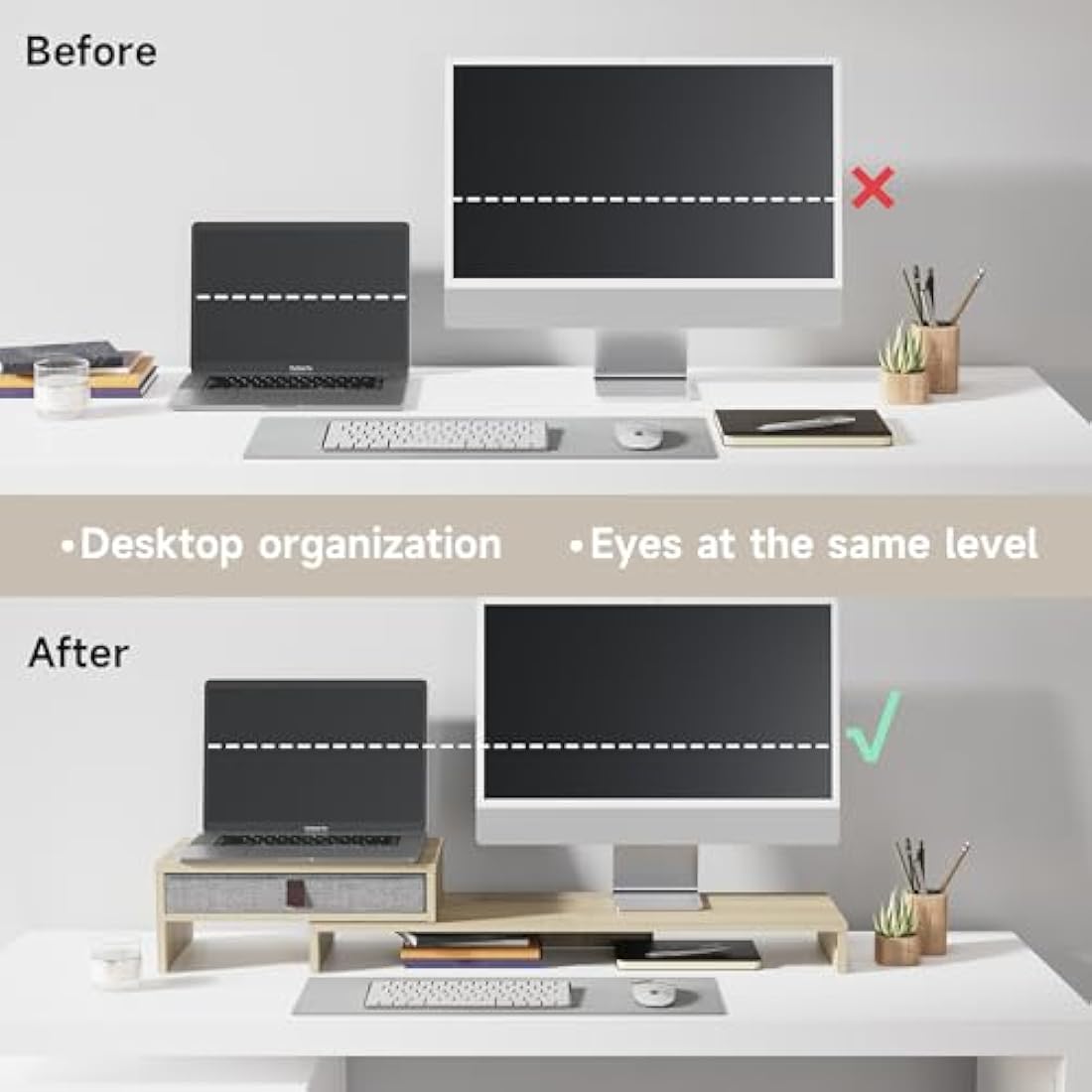 Fenge Dual Monitor Stand – Adjustable Wood Riser with Storage Drawer