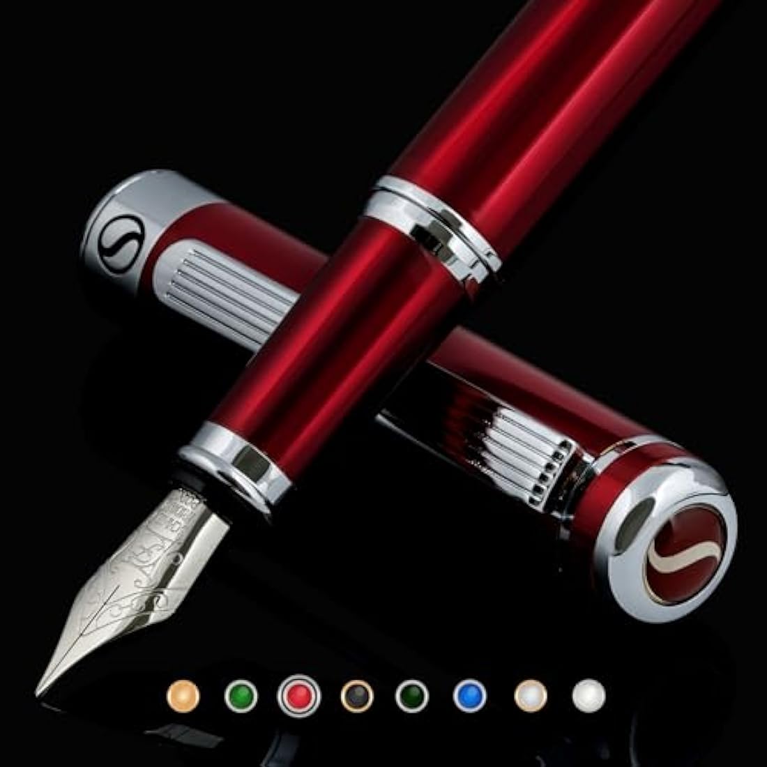 Red Lacquer Fountain Pen – Fine Schmidt Nib, Chrome Finish