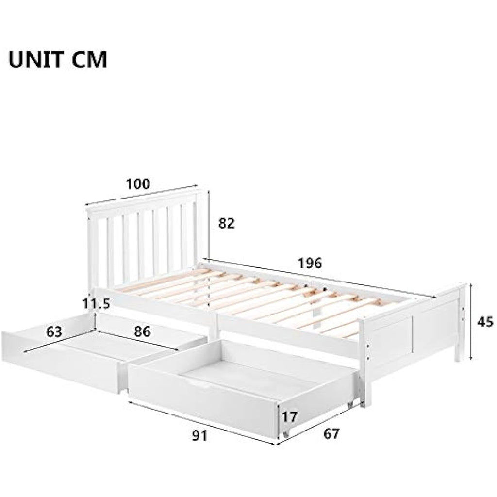 Jolof Store 3ft Single White Pine Storage Bed Frame with Drawers